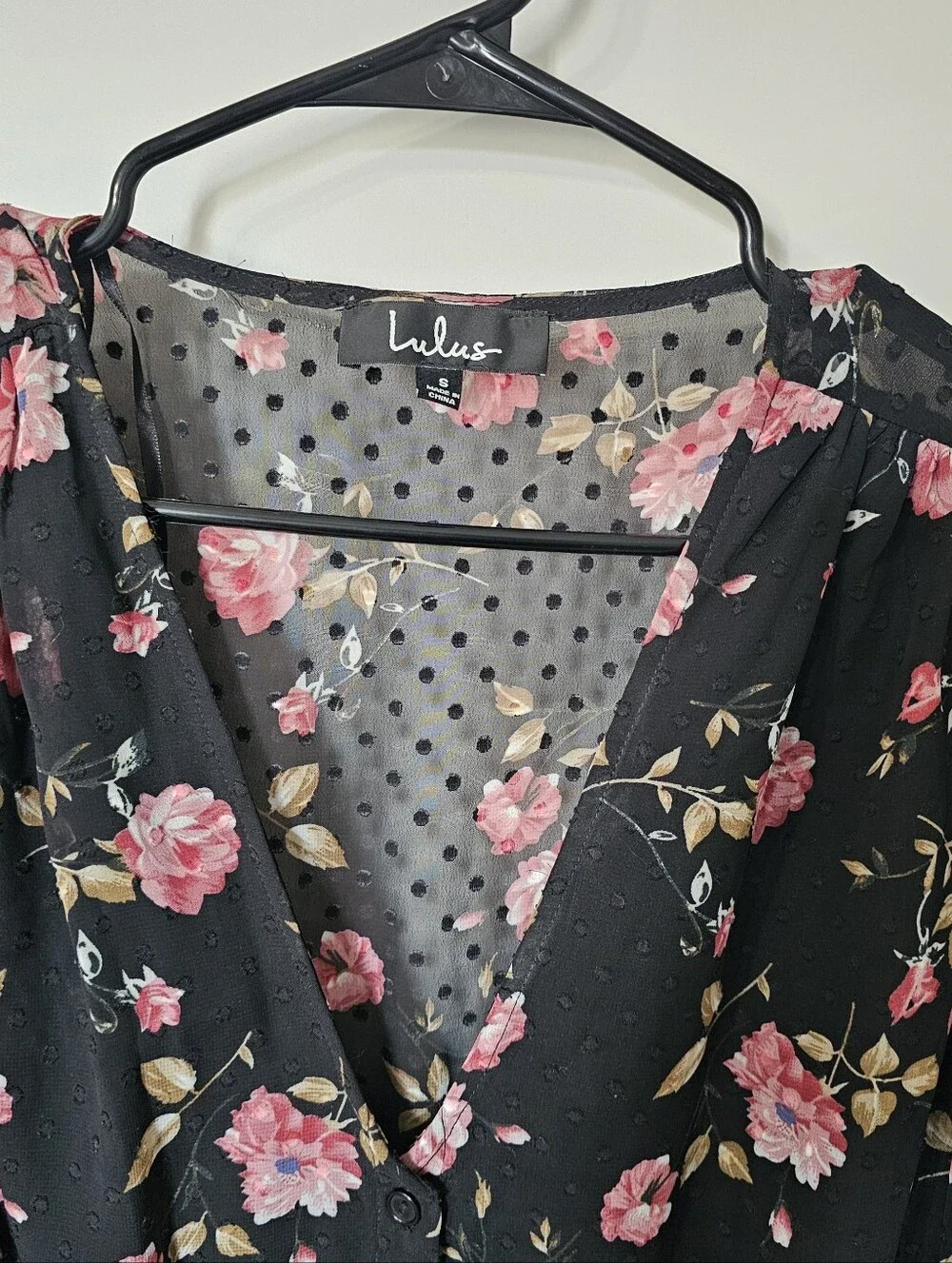 Black Floral V-Neck Tunic Dress with Pink Roses - Picture 2 of 5